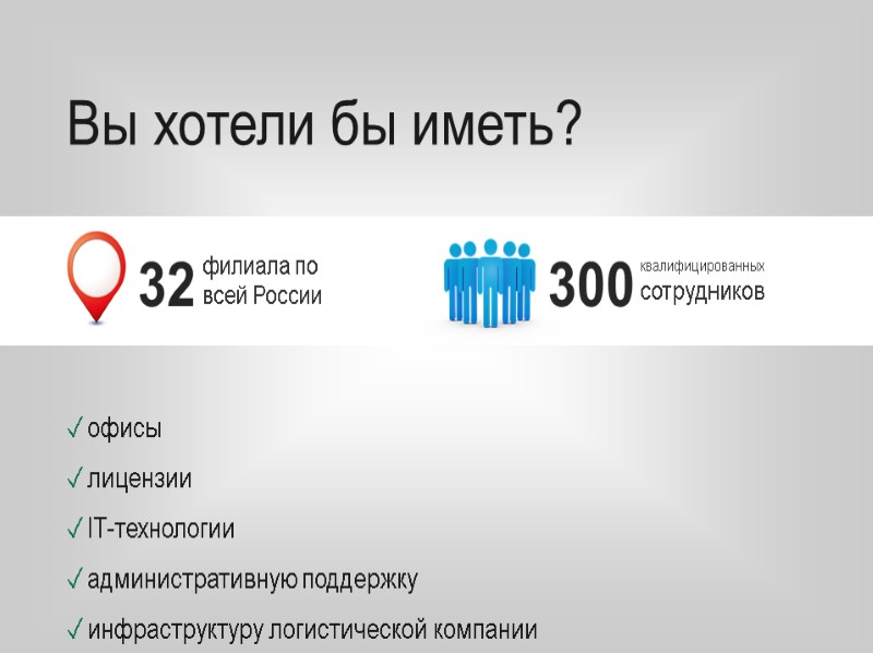 Вы хотели бы иметь?  офисы лицензии IT-технологии административную поддержку инфраструктуру логистической компании 300